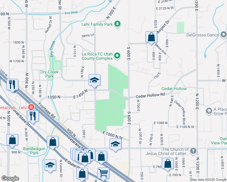 map of restaurants, bars, coffee shops, grocery stores, and more near 525-587 Cedar Hollow Road in Lehi