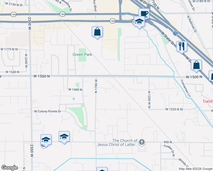 map of restaurants, bars, coffee shops, grocery stores, and more near 1457 West 1500 North in Lehi
