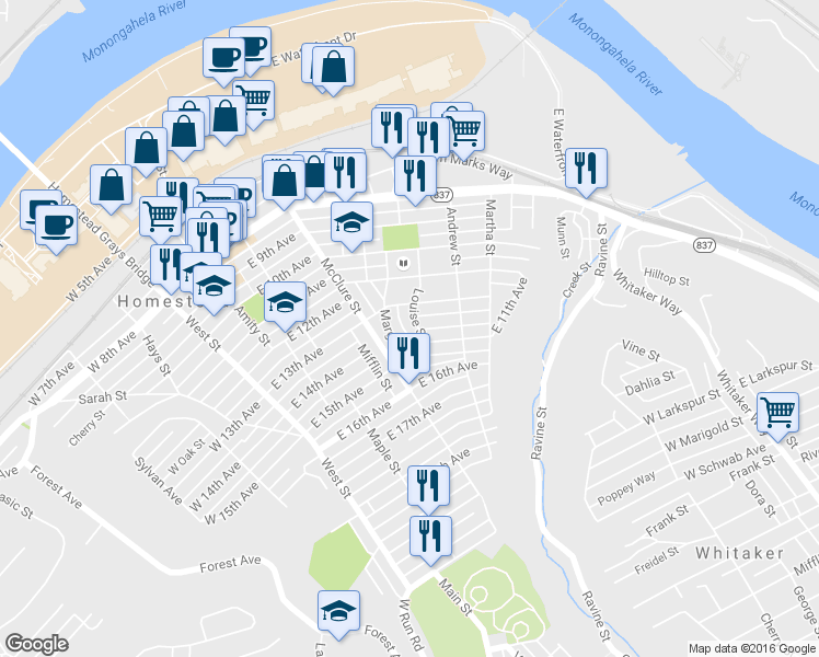 map of restaurants, bars, coffee shops, grocery stores, and more near 604 East 12th Avenue in Munhall