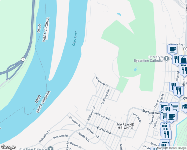 map of restaurants, bars, coffee shops, grocery stores, and more near 3509 Riverview Drive in Weirton