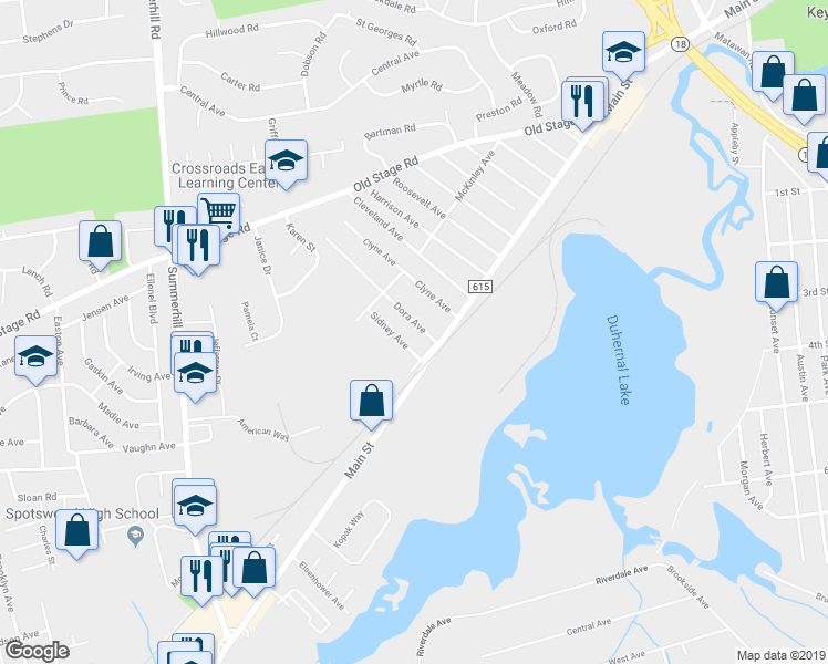 map of restaurants, bars, coffee shops, grocery stores, and more near 21 Dora Avenue in Spotswood
