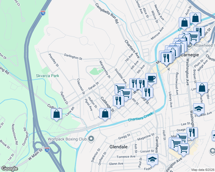 map of restaurants, bars, coffee shops, grocery stores, and more near 504 7th Avenue in Carnegie