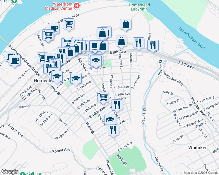 map of restaurants, bars, coffee shops, grocery stores, and more near 1216 Louise Street in Munhall