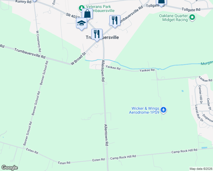 map of restaurants, bars, coffee shops, grocery stores, and more near 1493 Allentown Road in Quakertown