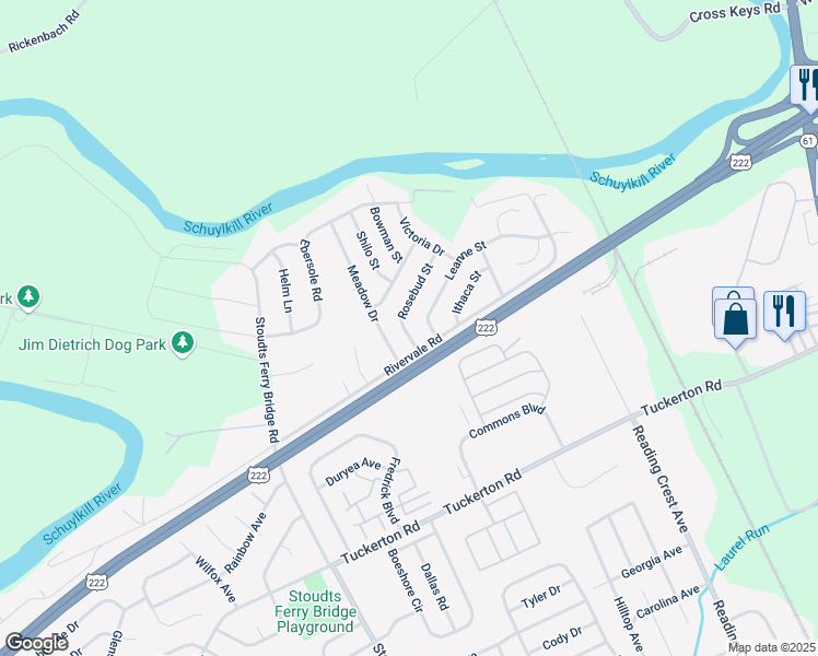map of restaurants, bars, coffee shops, grocery stores, and more near 1007 Rosebud Street in Reading