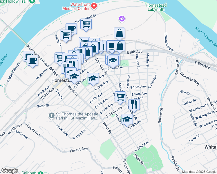 map of restaurants, bars, coffee shops, grocery stores, and more near 1212 McClure Street in Homestead