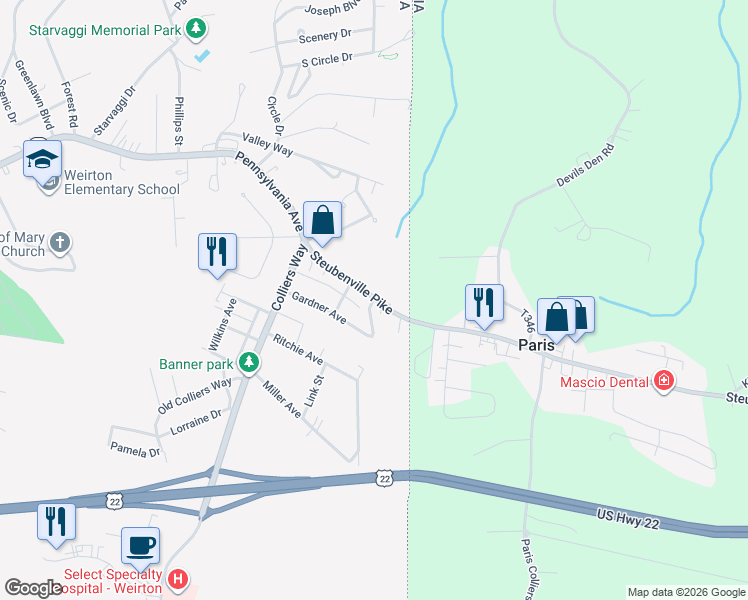 map of restaurants, bars, coffee shops, grocery stores, and more near 412 Gardner Avenue in Weirton