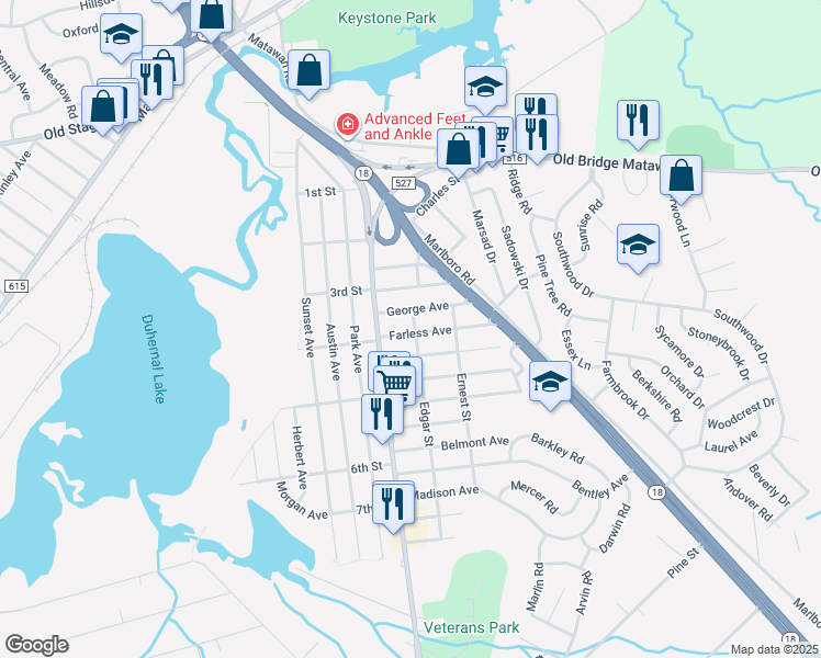 map of restaurants, bars, coffee shops, grocery stores, and more near 30 Farless Avenue in Old Bridge