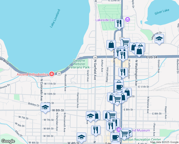 map of restaurants, bars, coffee shops, grocery stores, and more near 1220 Grant Avenue in Loveland