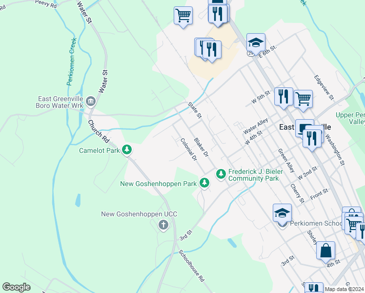 map of restaurants, bars, coffee shops, grocery stores, and more near 510 Colonial Drive in East Greenville