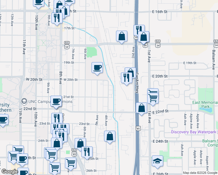 map of restaurants, bars, coffee shops, grocery stores, and more near 15 West Service Road in Greeley