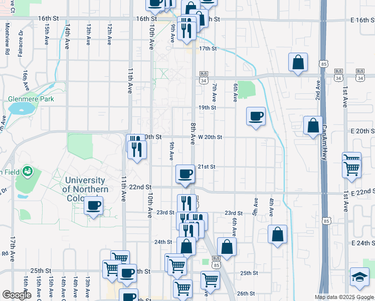map of restaurants, bars, coffee shops, grocery stores, and more near 2010 U.S. 85 Business in Greeley