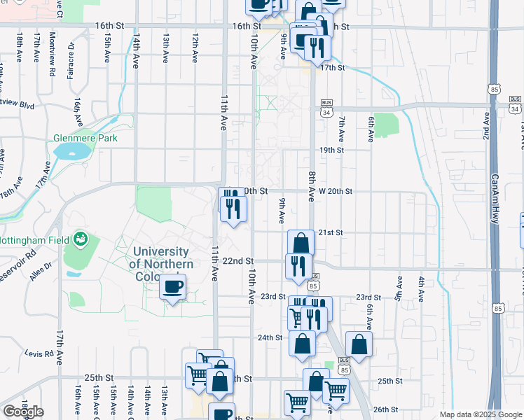 map of restaurants, bars, coffee shops, grocery stores, and more near 928 20th Street in Greeley