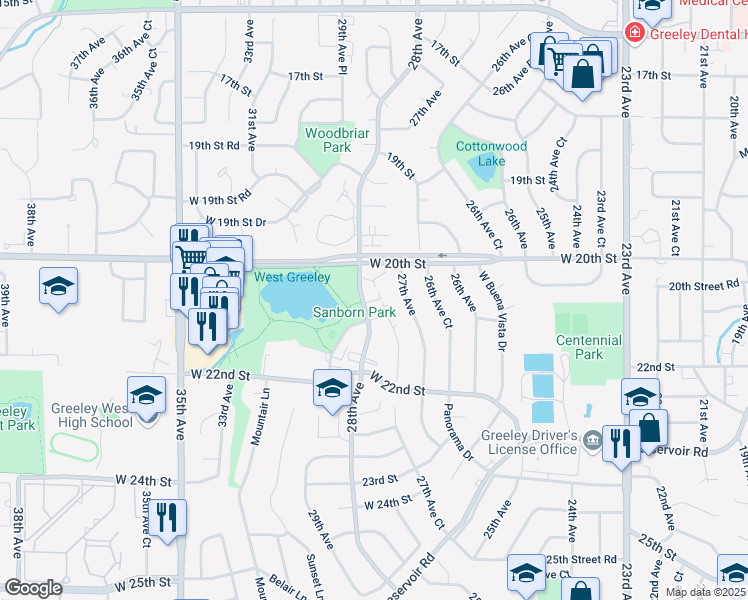 map of restaurants, bars, coffee shops, grocery stores, and more near 2026 28th Avenue in Greeley