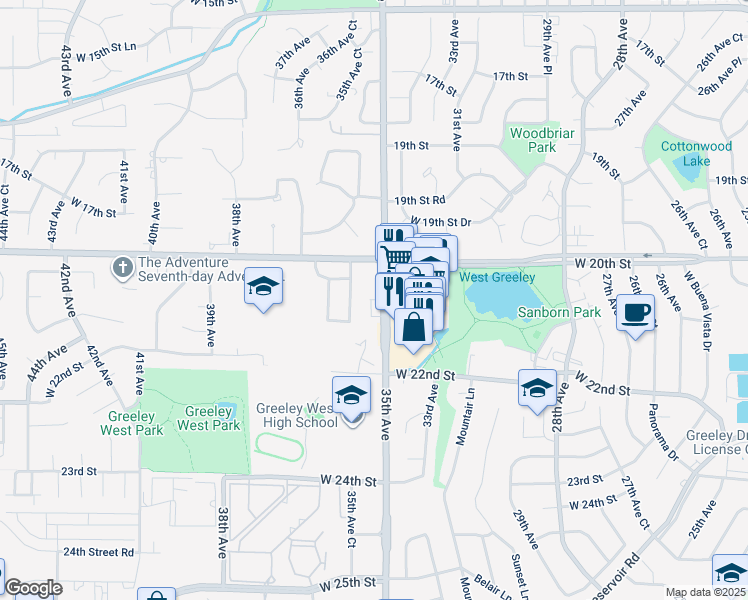 map of restaurants, bars, coffee shops, grocery stores, and more near 2058 35th Avenue Court in Greeley