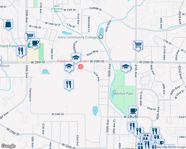 map of restaurants, bars, coffee shops, grocery stores, and more near 2042 51st Avenue in Greeley