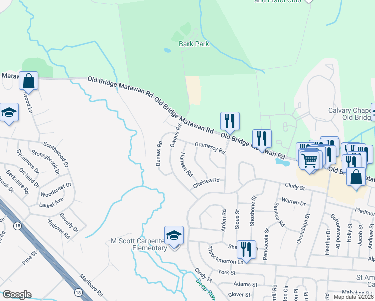 map of restaurants, bars, coffee shops, grocery stores, and more near 12 Gramercy Road in Old Bridge