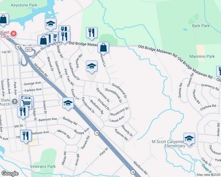 map of restaurants, bars, coffee shops, grocery stores, and more near 77 Southwood Drive in Old Bridge
