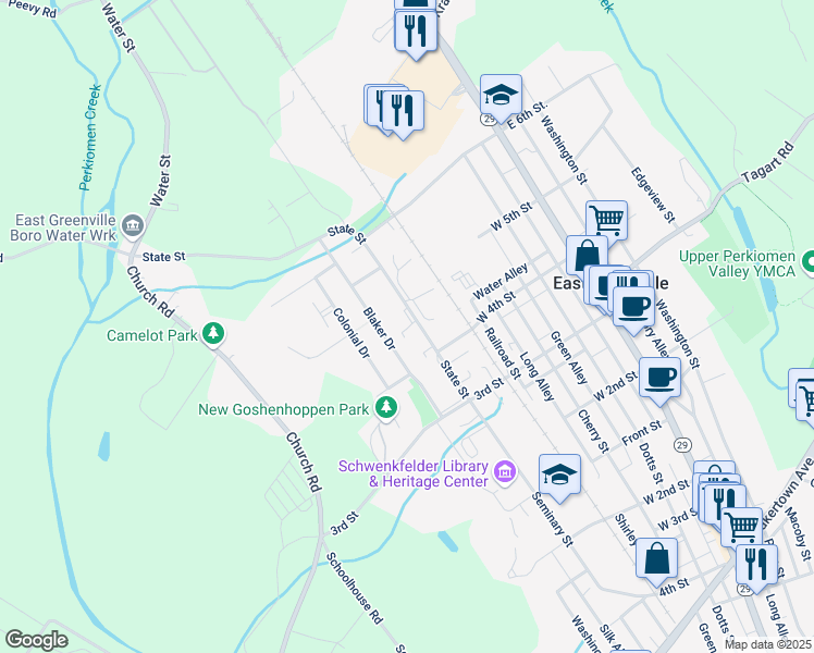 map of restaurants, bars, coffee shops, grocery stores, and more near 448 A State Street in East Greenville