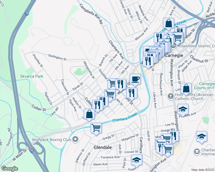 map of restaurants, bars, coffee shops, grocery stores, and more near 411 6th Avenue in Carnegie