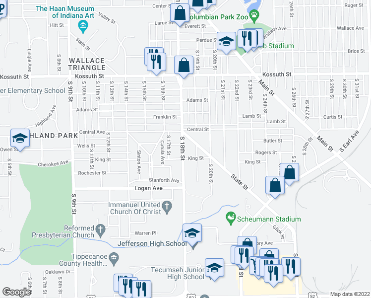 map of restaurants, bars, coffee shops, grocery stores, and more near 1727-1799 Wells Street in Lafayette