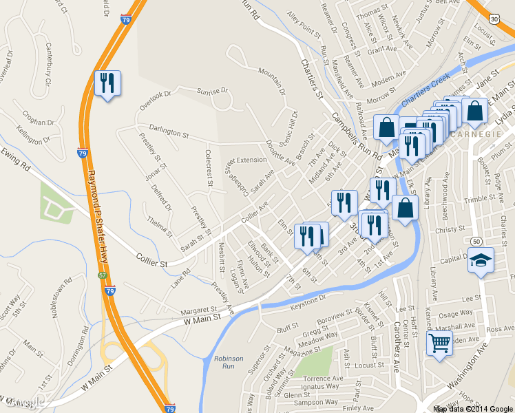 map of restaurants, bars, coffee shops, grocery stores, and more near Cubbage Street in Carnegie