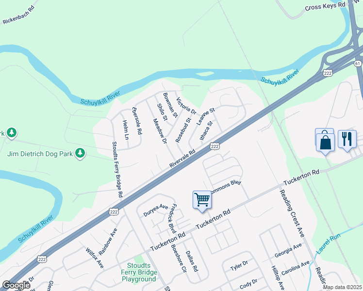 map of restaurants, bars, coffee shops, grocery stores, and more near 1007 Rosebud Street in Reading