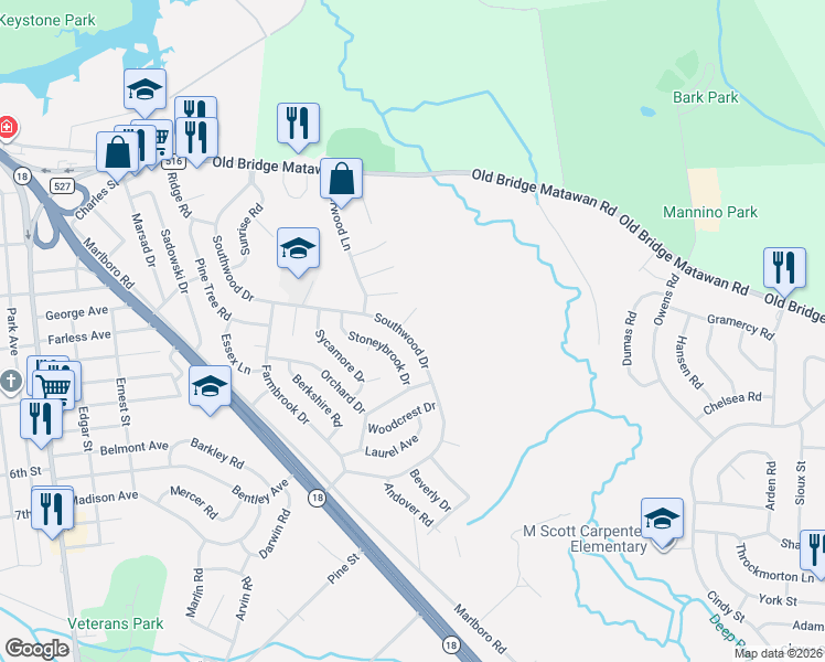 map of restaurants, bars, coffee shops, grocery stores, and more near 104 Southwood Drive in Old Bridge