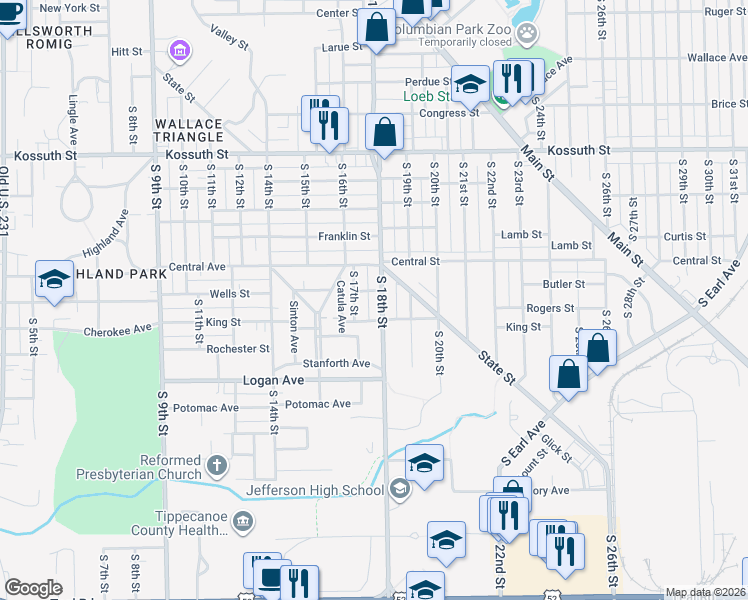 map of restaurants, bars, coffee shops, grocery stores, and more near 1727-1799 Wells Street in Lafayette