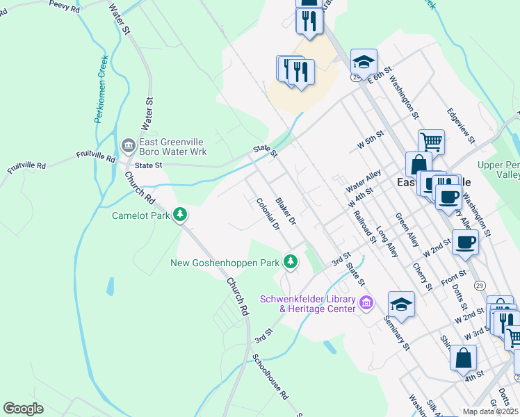 map of restaurants, bars, coffee shops, grocery stores, and more near 510 Colonial Drive in East Greenville