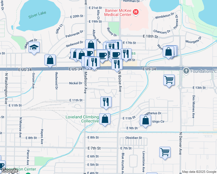 map of restaurants, bars, coffee shops, grocery stores, and more near 1420 Sunset Place in Loveland
