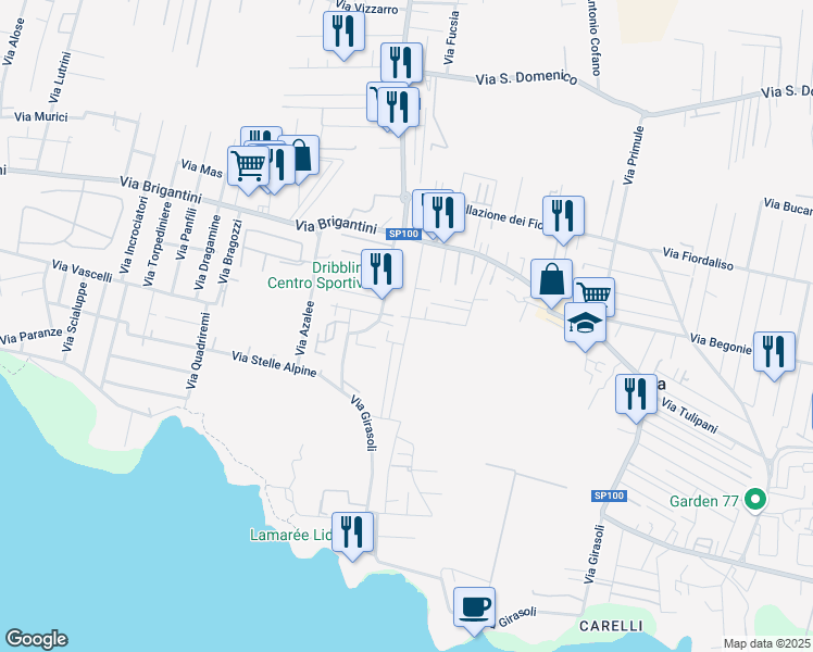 map of restaurants, bars, coffee shops, grocery stores, and more near 22 Via Orchidee in Taranto