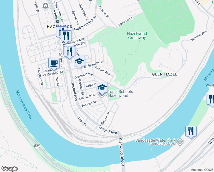 map of restaurants, bars, coffee shops, grocery stores, and more near 410 Johnston Avenue in Pittsburgh