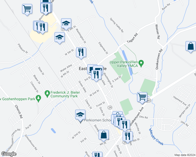 map of restaurants, bars, coffee shops, grocery stores, and more near 241 Main Street in East Greenville