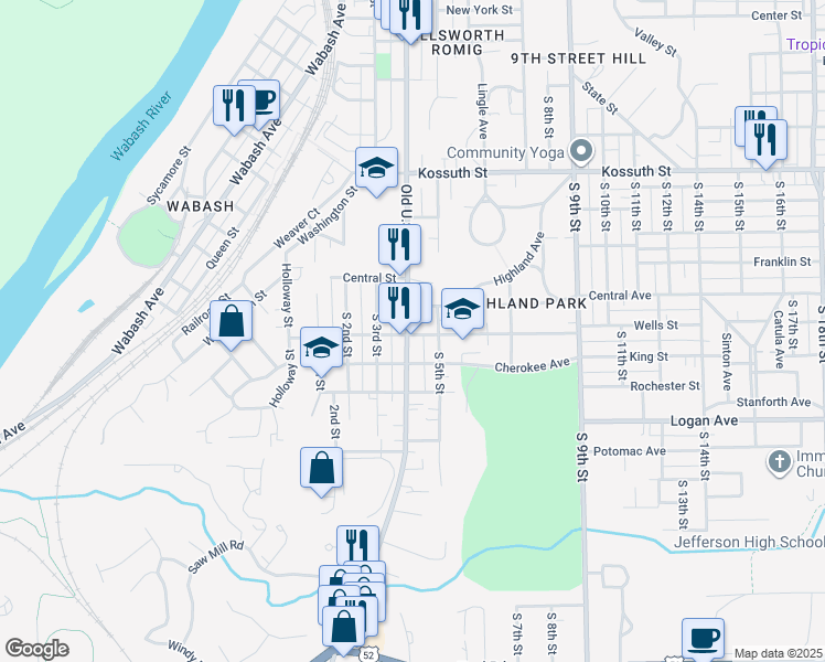 map of restaurants, bars, coffee shops, grocery stores, and more near 1117 South 4th Street in Lafayette