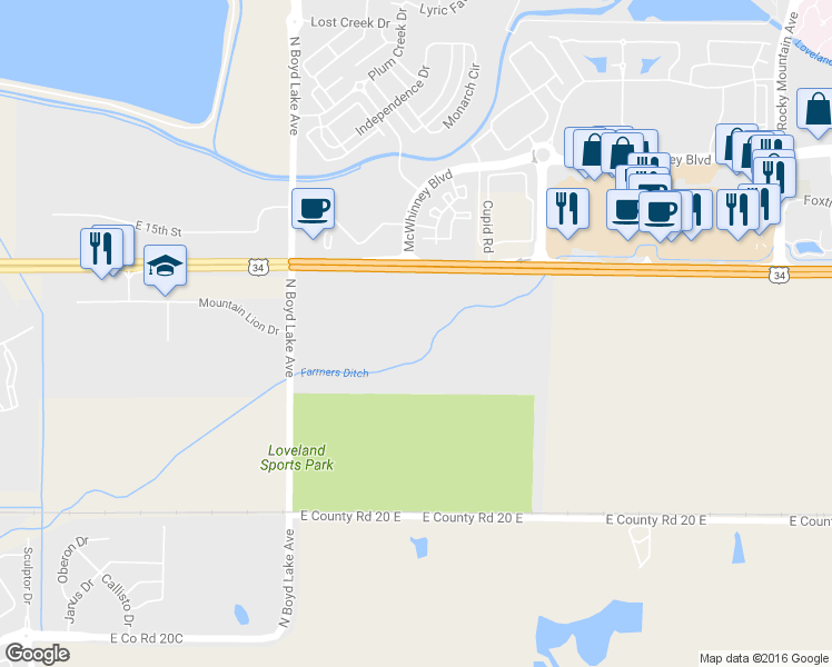 map of restaurants, bars, coffee shops, grocery stores, and more near 1350 County Road 9 in Loveland