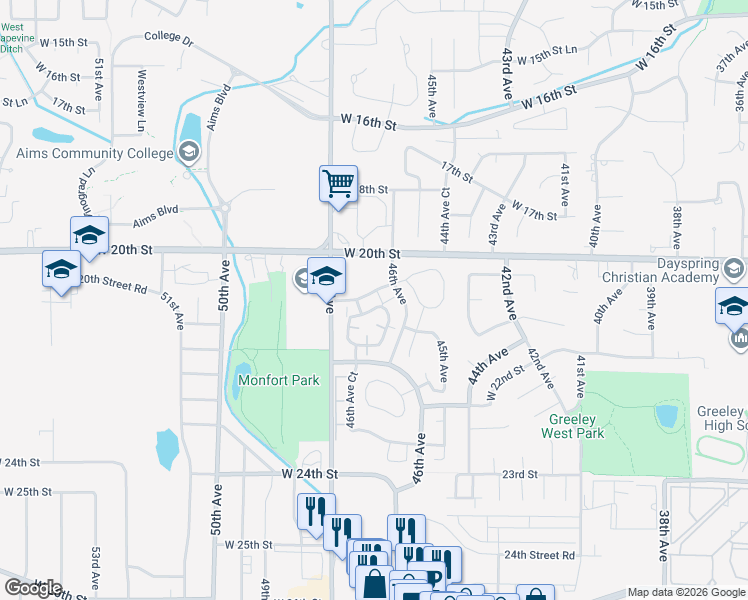 map of restaurants, bars, coffee shops, grocery stores, and more near 4627 West 20th Street Road in Greeley