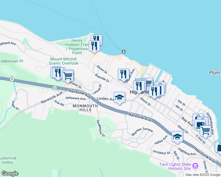 map of restaurants, bars, coffee shops, grocery stores, and more near 7 William Street in Highlands