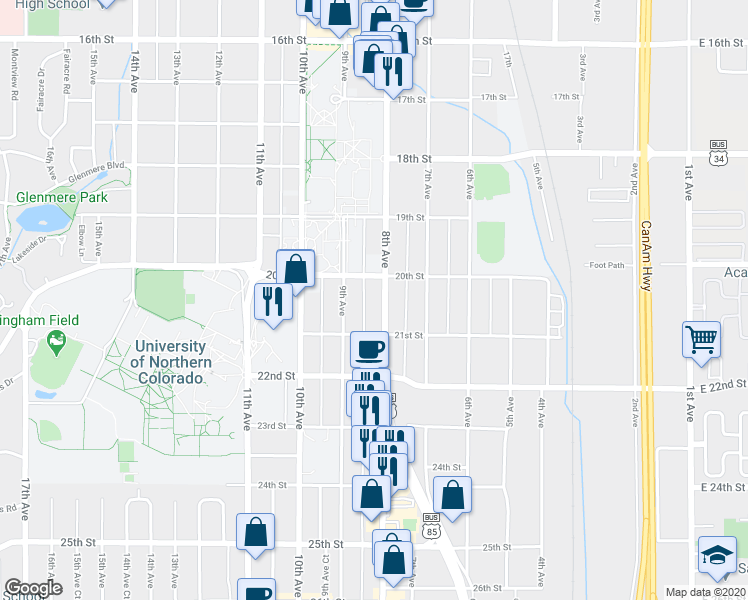 map of restaurants, bars, coffee shops, grocery stores, and more near 2010 U.S. 85 Business in Greeley