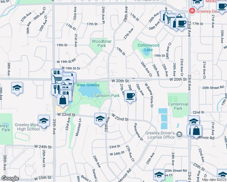 map of restaurants, bars, coffee shops, grocery stores, and more near 2026 28th Avenue in Greeley