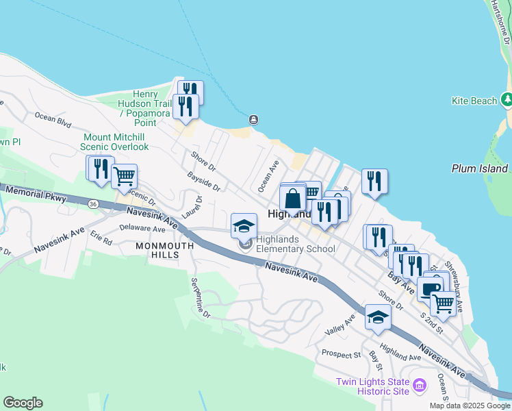 map of restaurants, bars, coffee shops, grocery stores, and more near 319 Shore Drive in Highlands