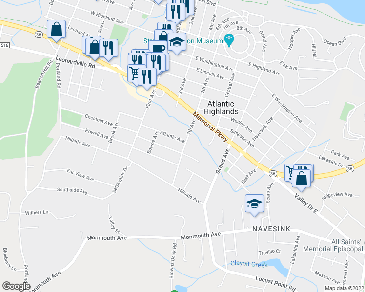 map of restaurants, bars, coffee shops, grocery stores, and more near 241 Chapel Hill Road in Atlantic Highlands
