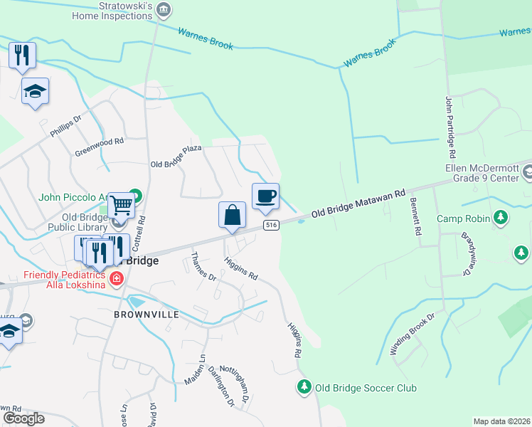 map of restaurants, bars, coffee shops, grocery stores, and more near 3996 County Road 516 in Matawan