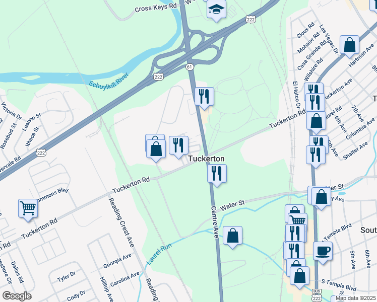map of restaurants, bars, coffee shops, grocery stores, and more near 97 Valley View Trailer Park in Reading