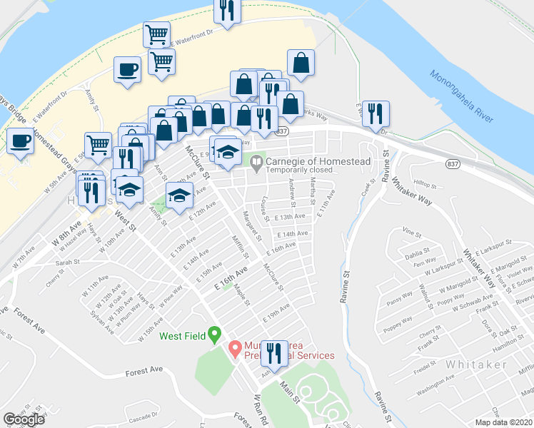 map of restaurants, bars, coffee shops, grocery stores, and more near 604 East 12th Avenue in Munhall