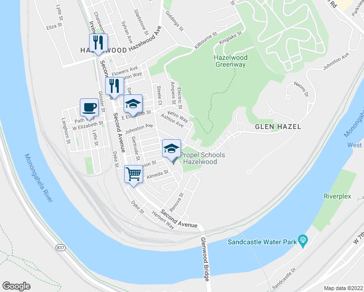map of restaurants, bars, coffee shops, grocery stores, and more near 402 Johnston Avenue in Pittsburgh