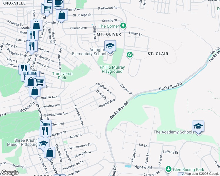map of restaurants, bars, coffee shops, grocery stores, and more near 515 Laughlin Avenue in Pittsburgh