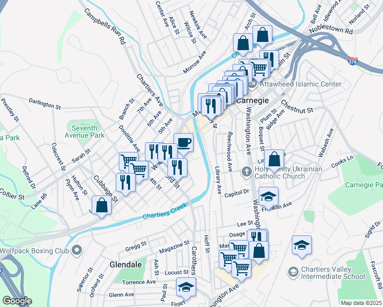 map of restaurants, bars, coffee shops, grocery stores, and more near 1 3rd Avenue in Carnegie