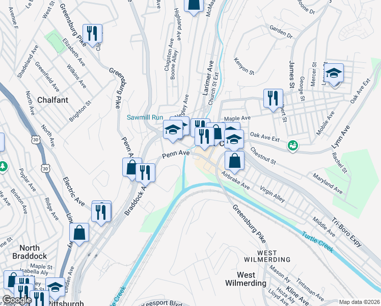 map of restaurants, bars, coffee shops, grocery stores, and more near 602 Penn Avenue Extension in Turtle Creek
