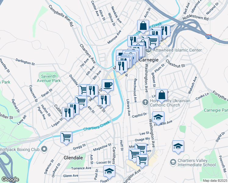 map of restaurants, bars, coffee shops, grocery stores, and more near 1 3rd Avenue in Carnegie